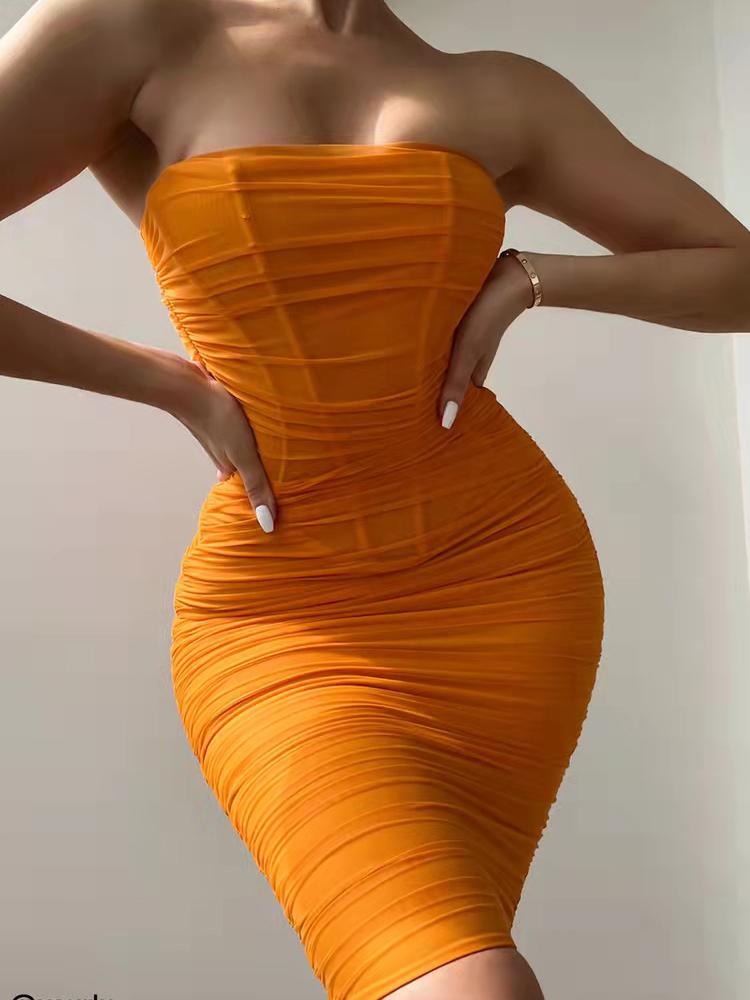 

Casual Dresses High Quality Sexy Strapless Bodycon Mesh Midi For Women 2022 Summer Elegant Corset Ruched Evening Club Party DressCasual, Orange