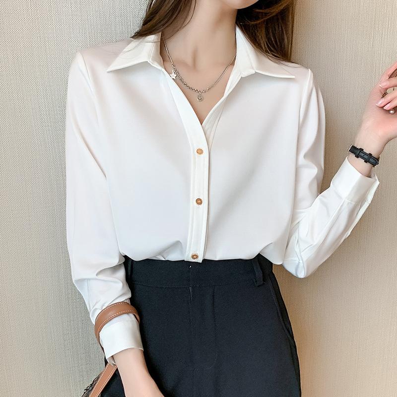

Women' Blouses & Shirts 5060 Elegant Shirt Women Spring Autumn Fashion Office Ladies Solid Color Satin Basic Casual All-Matching Female Tid, 5060 white