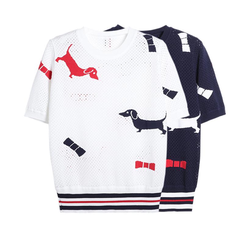 

Women's T-Shirt Cartoon Kawaii Dot Knit Hollow Out Women Tees Cotton White& Blue Color Loose Summer Clothes Crop TopsWomen's