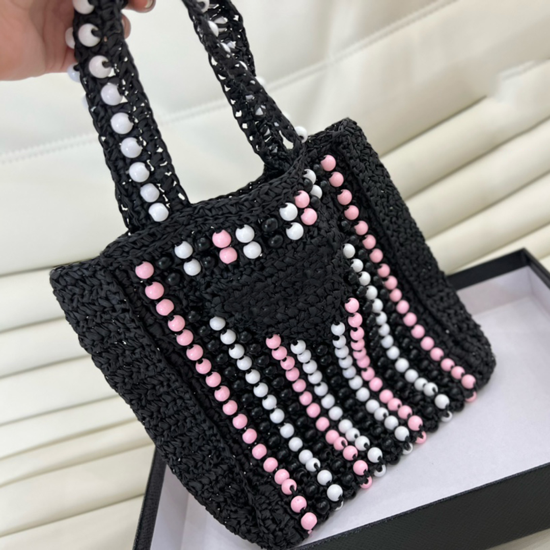 

Classic Colorful Wooden Balls Handbags Beach Bags Italy Brand Summer High Quality Shopping Bag Fashion Triangle Sign Women Straw Totes Luxury Designer Bag 25CM, Black