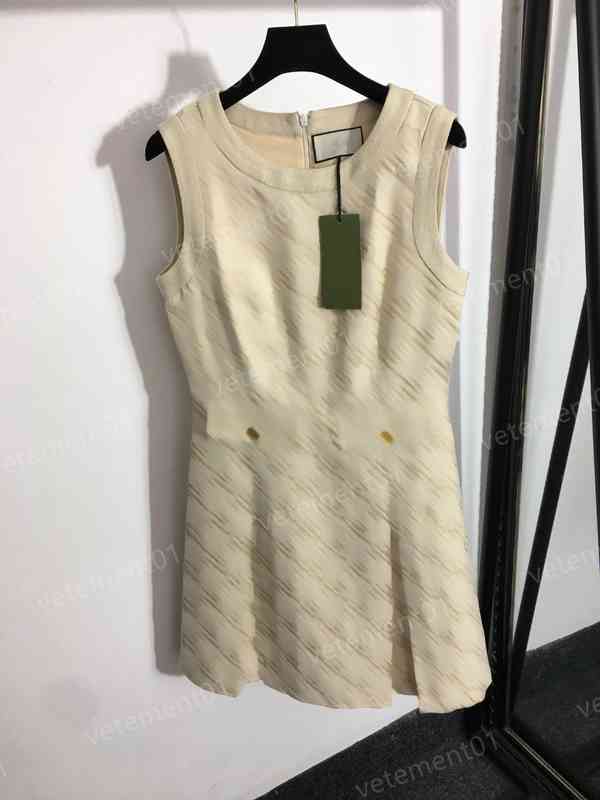 

Womens Designer Dresses Fashion Brand Beige Embroidered Jacquard Letter Logo Nipped Waist Sleeveless Tank Dress Luxury Women Clothing