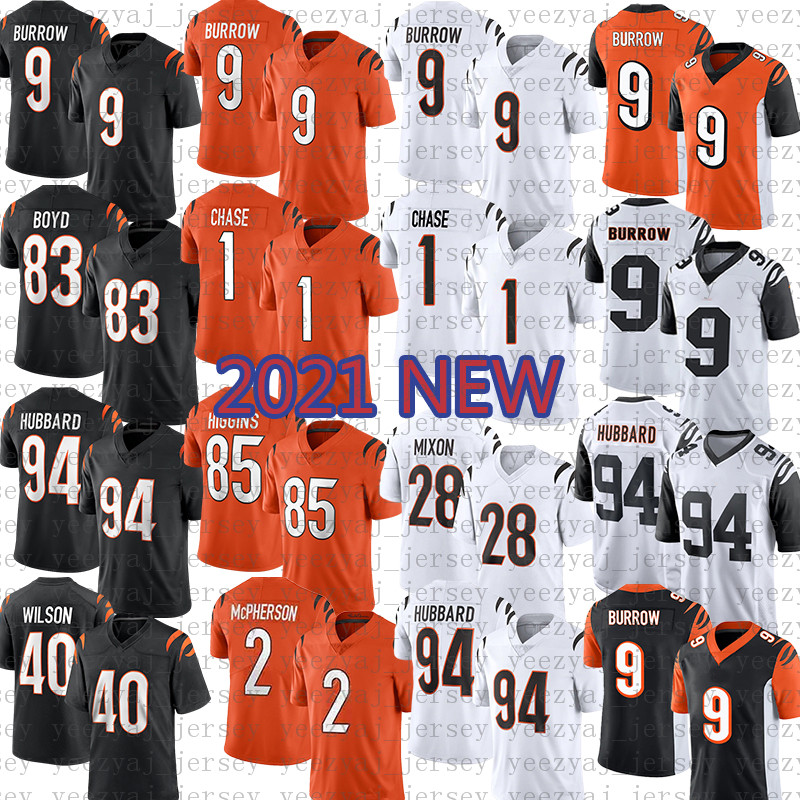 

2 Evan McPherson 9 Joe Burrow Football Jersey Ja'Marr Chase Tee Higgins Mixon Sam Hubbard Tyler Boyd Jessie Bates III Cincinnati Bengals Mike Hilton Chidobe Awuzie, Patch+2021 mens-mh