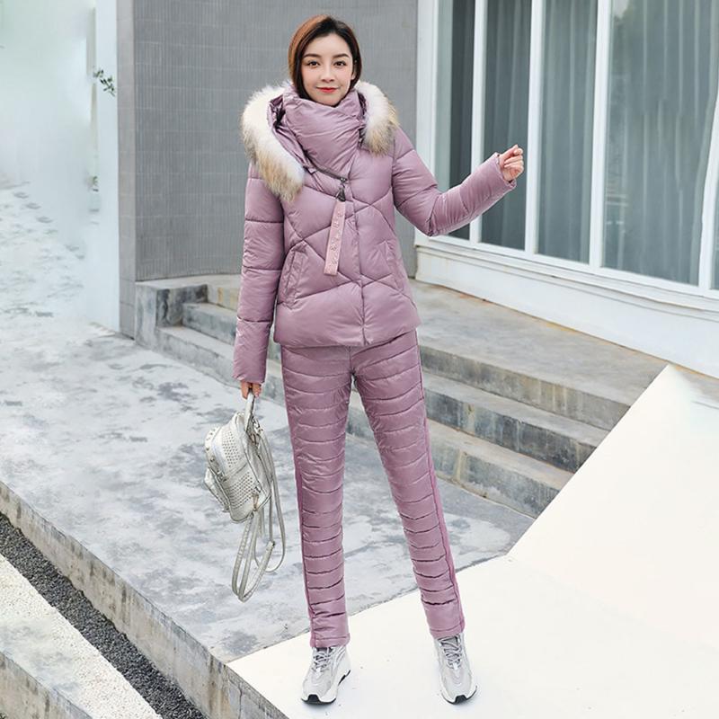 

Women's Two Piece Pants Winter Thick Women's Suit Hooded Big Fur Collar Warm Jackets Slim Trousers Two-piece Cotton Lady European Americ, Black