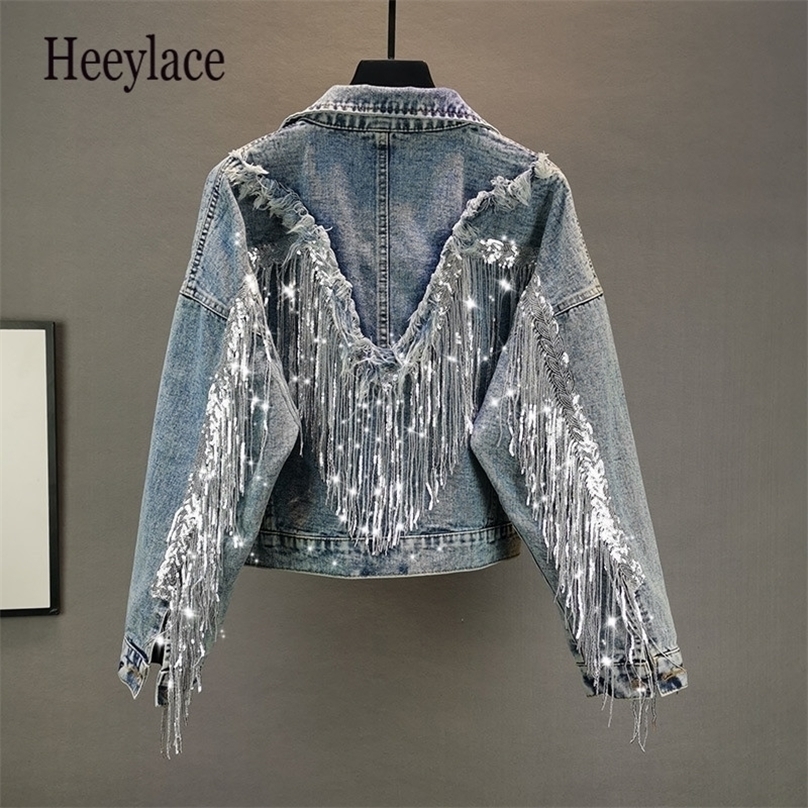 

Jean Jacket Woman Fringed Sequined Denim Spring Retro BF Loose Short Jeans Top Chaqueta Chaquetas s 220815, Blue