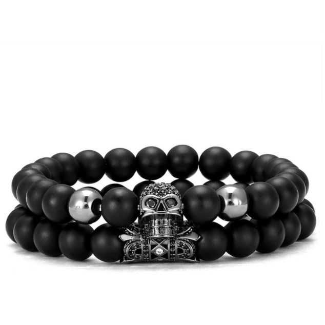 

2pcs/set Matte Black tube crown stone 8mm skull tube gold silver copper cz zircon cubic zirconia beads bohemian Bracelet agate Onyx Stone Bangles aw2h4