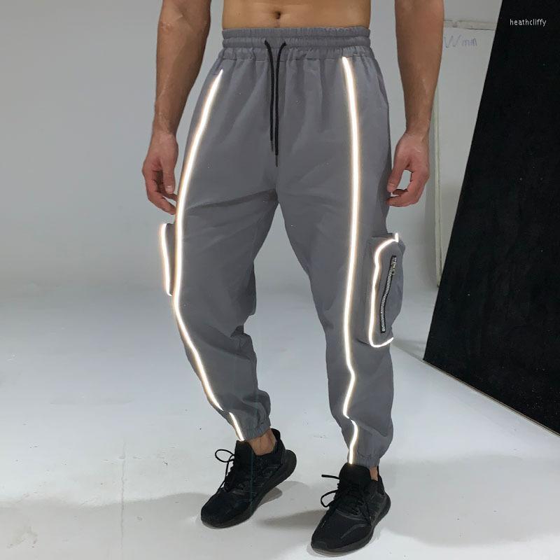 

Men' Pants Reflective Stripes Mid Waist Beam Feet Drawstring Side Solid Pockets Casual Street Cargo Style Wild Men Trousers JoggerMen' Hea, Black