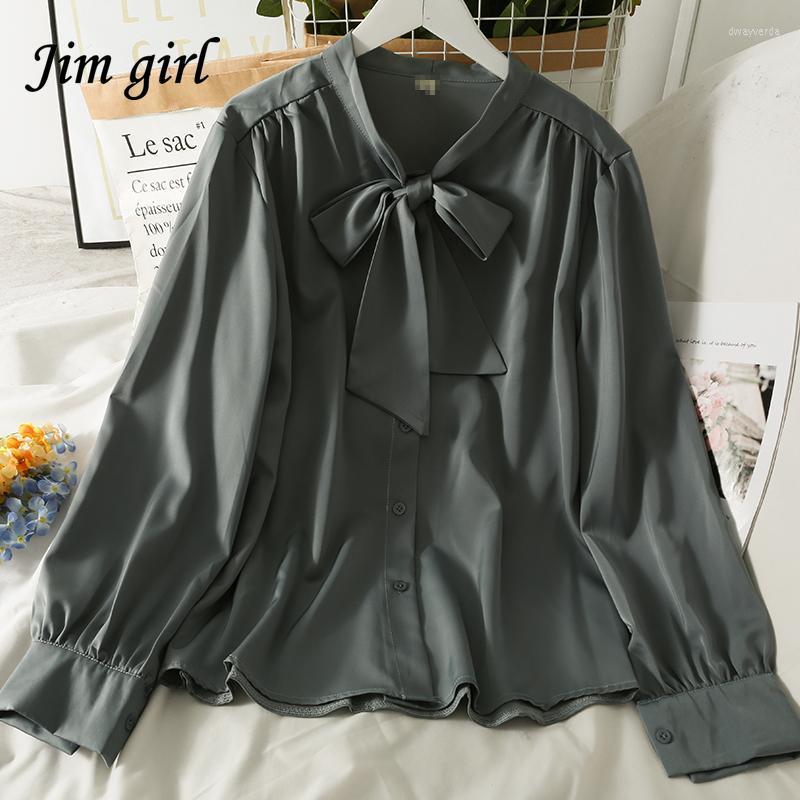 

Women's Blouses & Shirts White Satin Shirt Women Korean Style Trendy Bow Lace Up Vintage Kawaii Daily Long Sleeves Tops Office Lady Elegant, Black