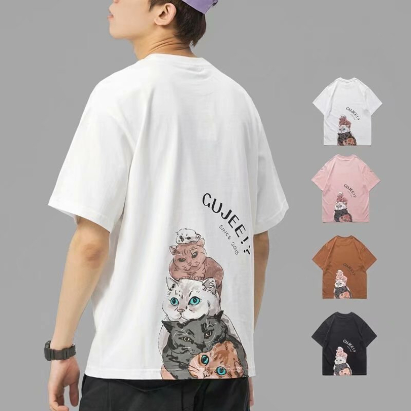 

Mens Designer Clothes T Shirts Tees Boys Girls Five Sleeve t shirt Cats Cartoon Printing Cute Couple Outfit Students Loose Casual Tops, White