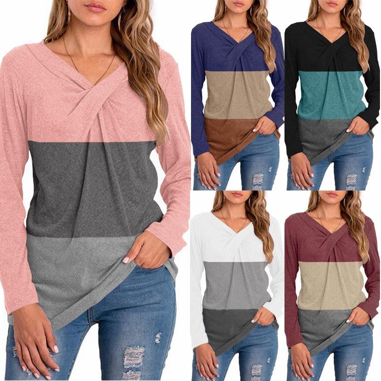 

Women' T-Shirt Women T Shirts V Neck Patchwork Casual Loose Top Female Long Sleeve Fashion Harajuku Streetwear Fall Spring Lady TeesWomen, Black