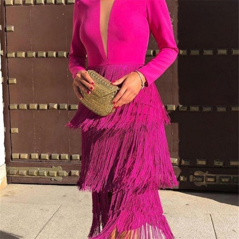 

Office Ladies Rose Red Fringe Sexy Dress Womens Spring Summer Fashion Knee Length Slim Party Night Dresses XXL Tassels 220418