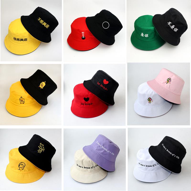

Berets Women Bucket Hats Embroidered Double-sided Fisherman Hat Korean Style Solid Sell Outdoor Fishing