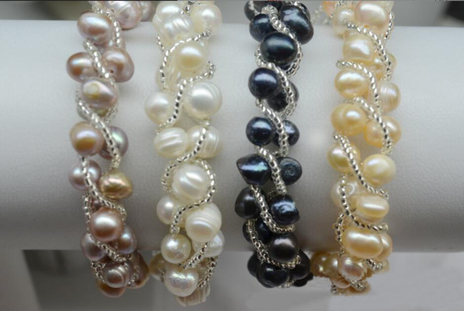

100% natural Freshwater Pearl Bracelet Beaded Strands Fried dough twist 5-6mm Stretch Elastic Wedding fashion jewelry 4 color selection
