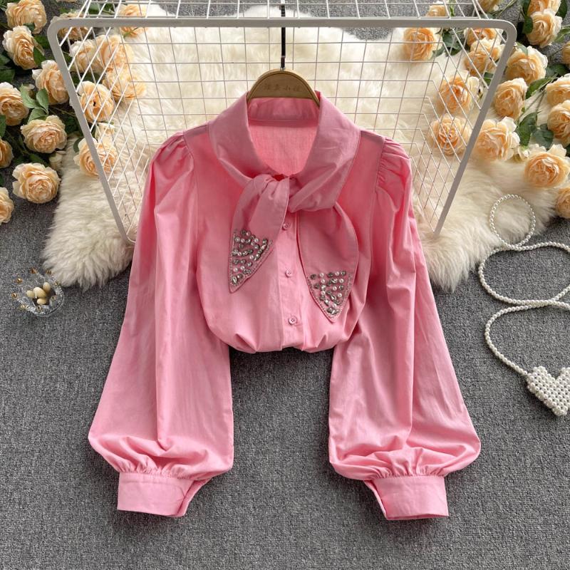 

Women's Blouses & Shirts D050 Women Fashion Spring Autumn Diamond Chic Single Breasted Long Sleeve Shirt Casual Loose Western-style Top Blou, Pink