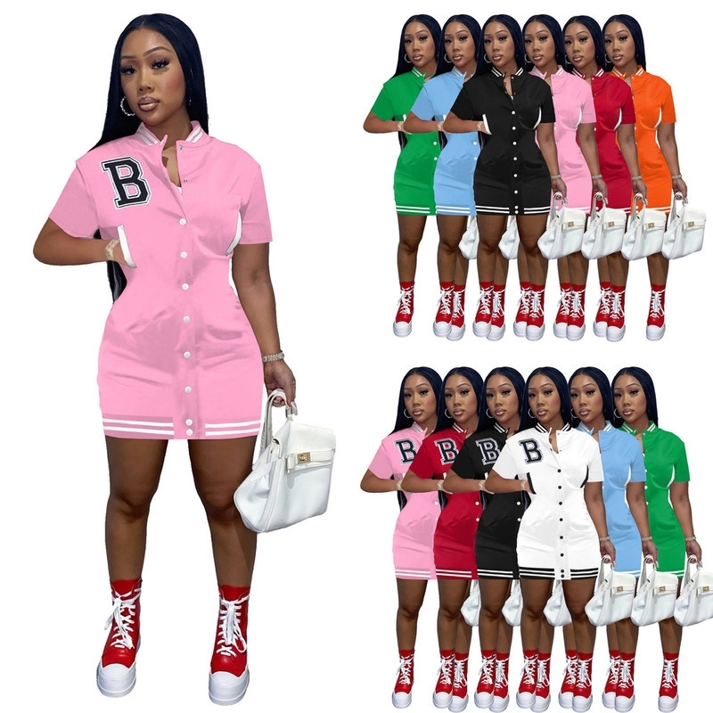 

2022 Designer Womens Casual Dresses Summer Short Sleeve Button Medium Sports Basketball Dress Skinny Skirt Sportswear, Yellow - 4