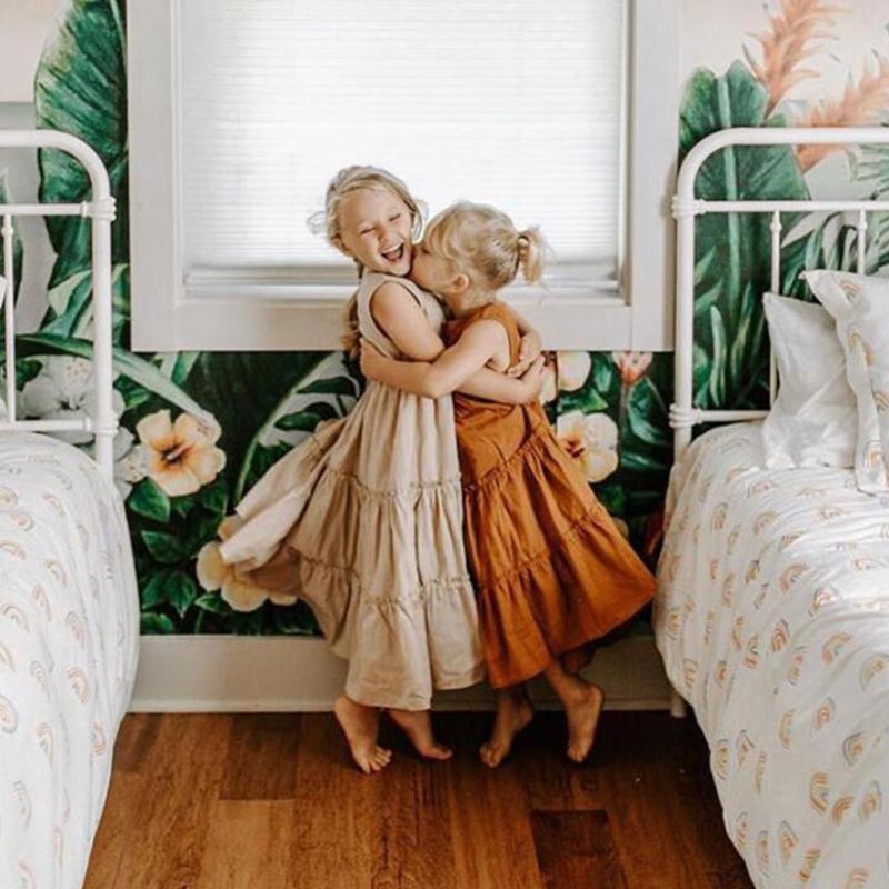 

Girl's Dresses Kids Spring Summer Baby Girls Linen Solid Skirt Lace Pleated Sleeveless Sweet Princess Dress Children Clothes 1-8Y