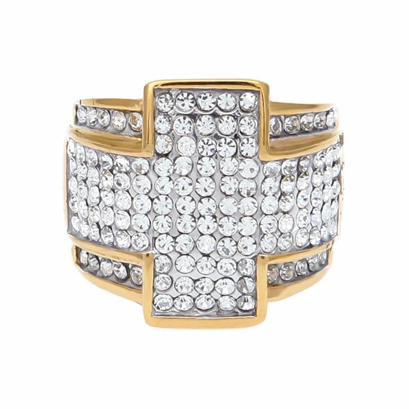 

Cluster Rings Hip Hop Bling Out Full Rhinestone Pave Cross Ring Gold Color Titanium Stainless Steel For Men Jewelry Size 7-9Cluster ClusterC