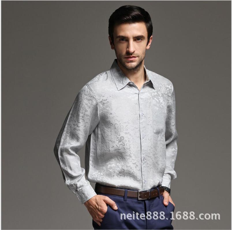 

Men's Casual Shirts -3xl Spring And Summer Men's Long-sleeved Silk Heavy Shirt Middle-aged Clothing Social Gentleman ShirtsMen's, Gray