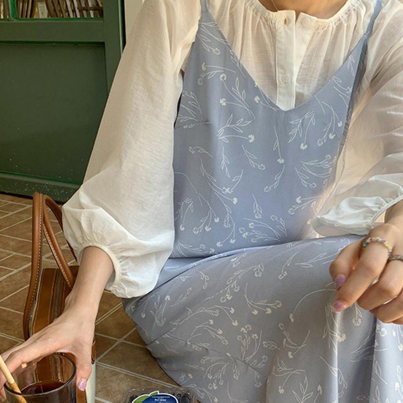 

Casual Dresses Floral V-Neck Spaghetti Strap Dress Women Korean Fashion Loose Woman Slimming Long Ladies Summer 2022, Brown