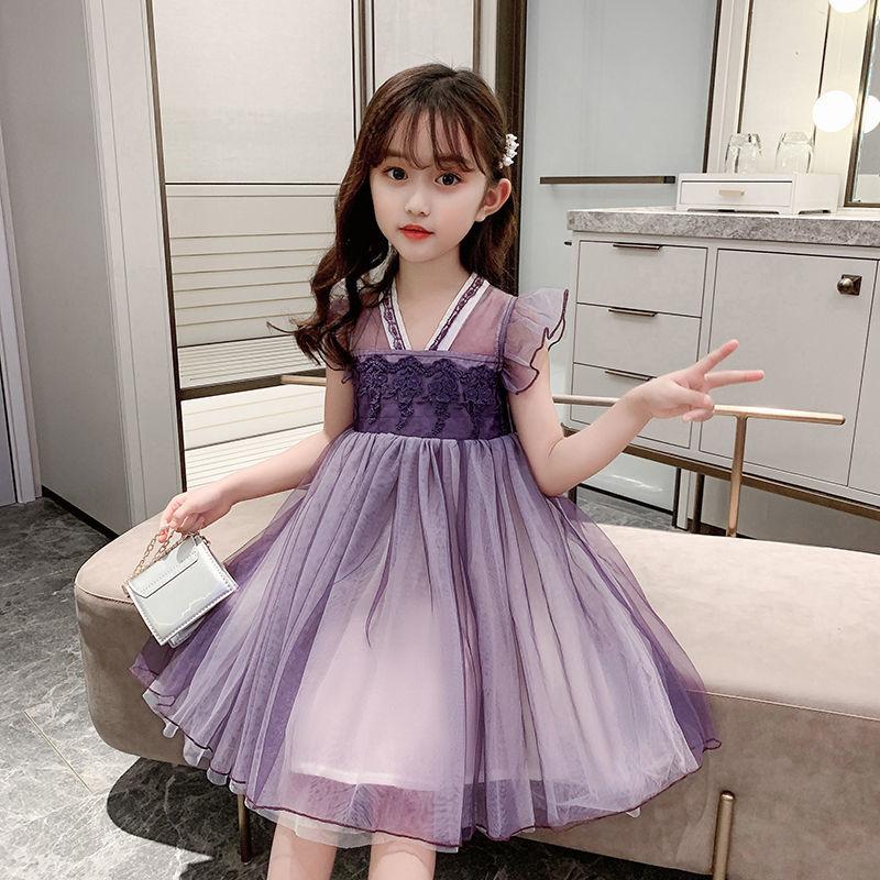 

Girl's Dresses Korean Children's Clothing Girls Dress Summer Purple Mesh Double Chinese Style Embroidery Girl Party Prom KidGirl's
