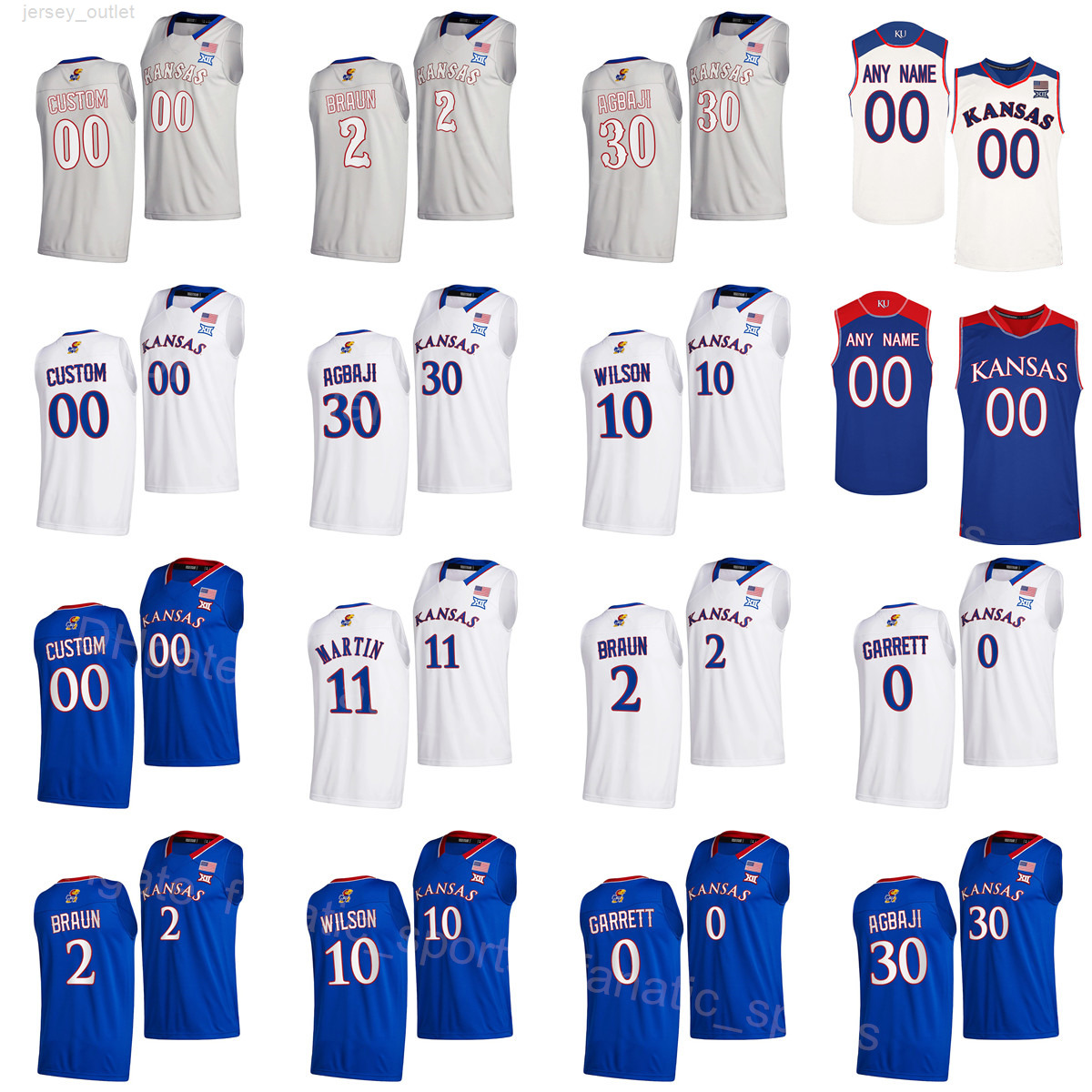 

Kansas NCAA Basketball Jayhawks College Jerseys 30 Ochai Agbaji 2 Christian Braun 10 Jalen Wilson 33 David McCormack 11 Remy Martin 0 Marcus Garrett Team University, Blue