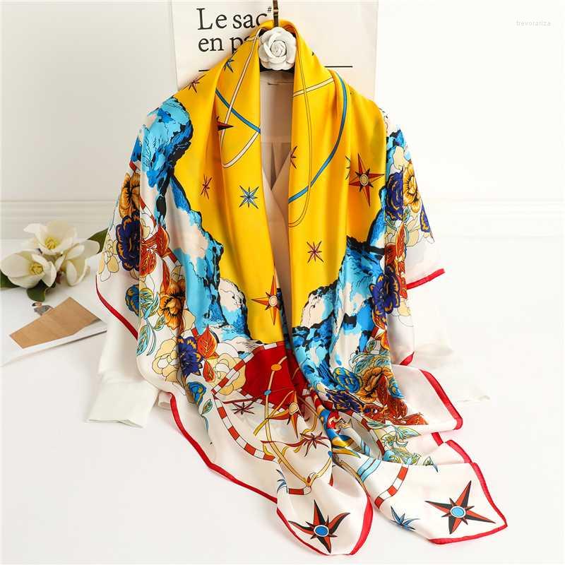 

Scarves Women Silk Sqaure Scarf Print 135 135cm Big Shawl Hijab Female Muslim Head Bandana Wrap Handle Band 2022Scarves