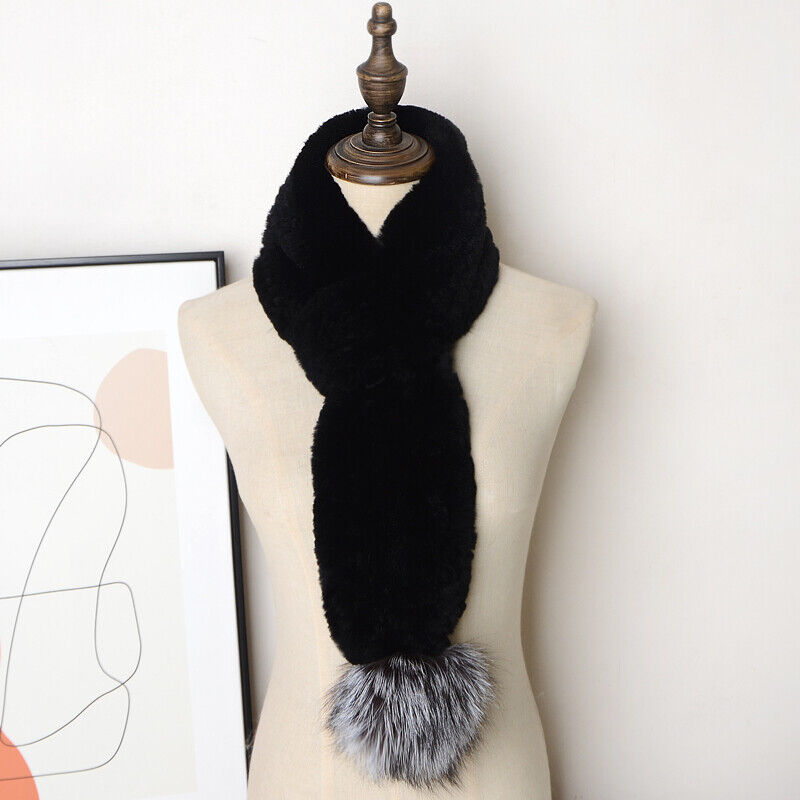 

Winter Fur Scarf Shawl Real Rex Rabbit Neckerchief Fox Pom Pom Warm Ski Travel