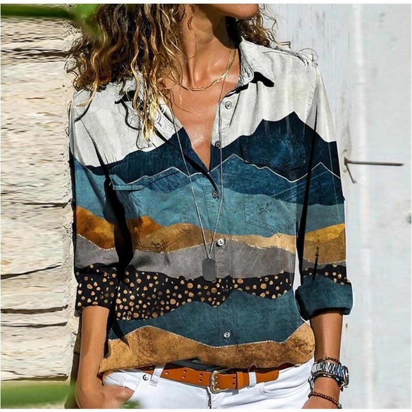 

Women Retro Colorful Print Buttons Blouse Shirt Autumn Long Sleeve Turn-down Collar Ladies Top Streetwear Casual Plus Size Blusa 220318, Style6