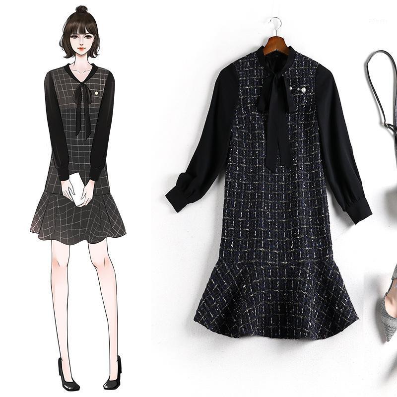 

Casual Dresses 5XL Women 4XL 2022 Autumn Winter Plus Size Tweed Bow Collar Patchwork Long Sleeve Ruffles Hem Mini Dress Y759, Black