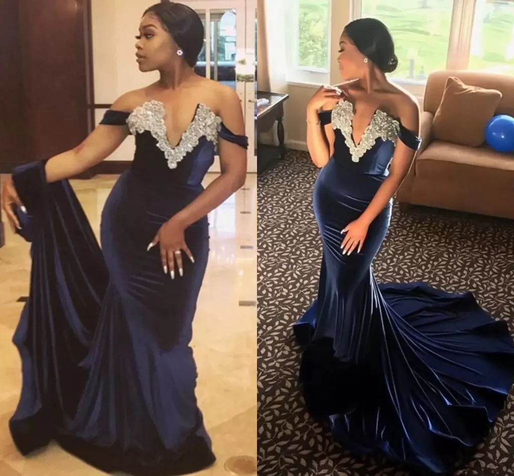 

2022 Blue Prom Dresses Mermaid Velvet Lace Applique Beaded Off the Shoulder Sweep Train Custom Made Evening Formal Gowns Formal Occasion Wear vestidos, Green