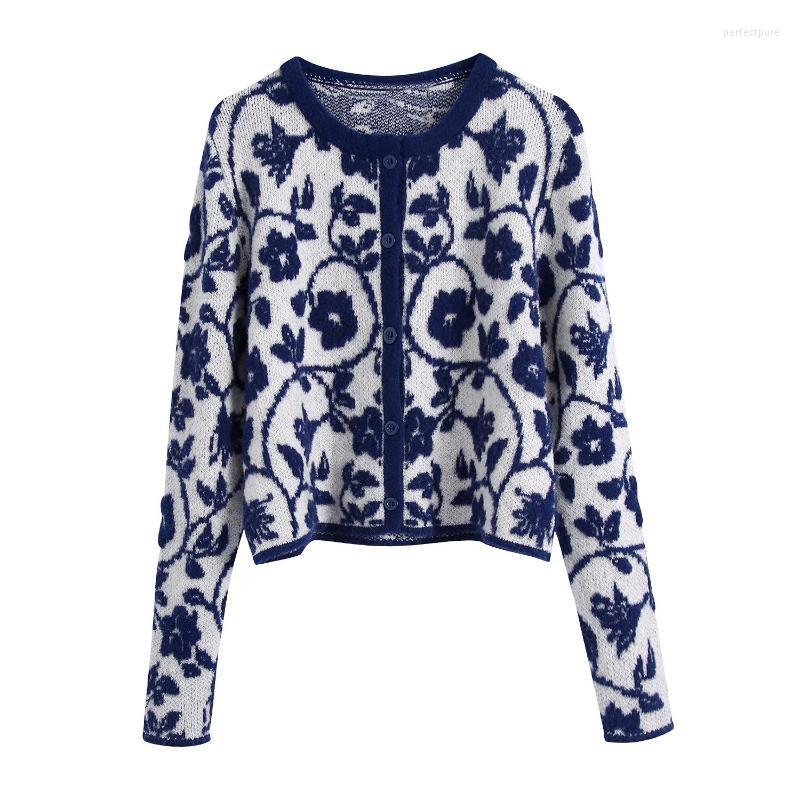 

Women' Knits & Tees Women Elegant Flowers Crop Cardigan Vintage Jumper 2022 Knitted Perf22, Blue