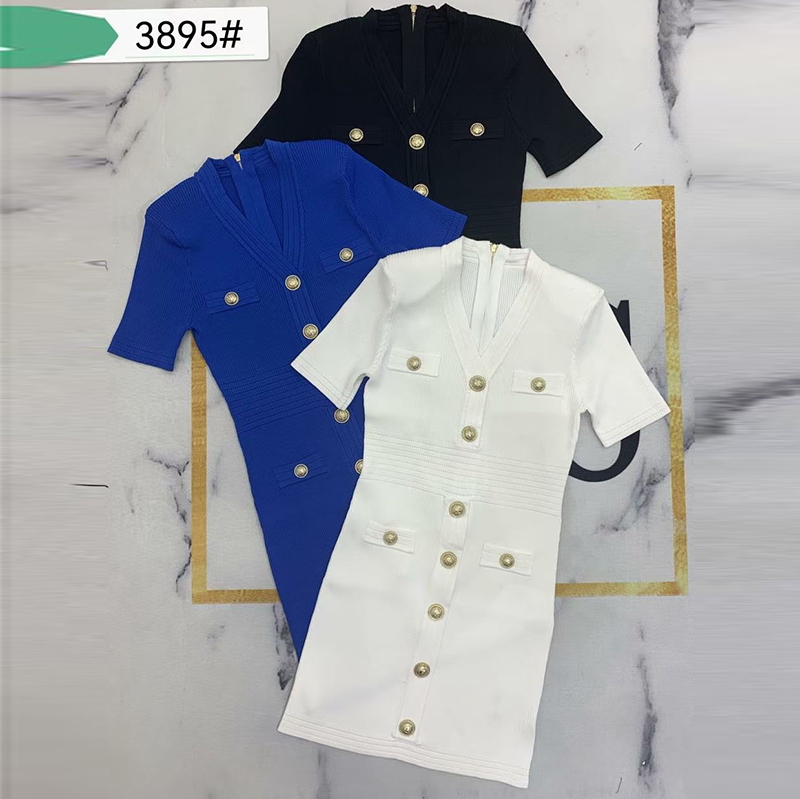 

Summer Zipper Dresses Women Brand Knit Dress Personality Button Designer Skirts Ladies Sexy V Neck Long Skirts, Blue
