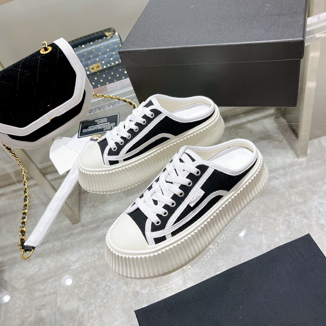 

Top Quality Women Casual Shoes Low Flat Matte Leather Sneakers White Shoe Canvas Mules Trainers Embroidery Half Slippers With Box, Black