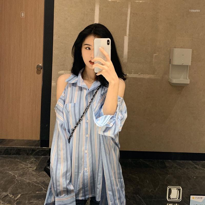 

Women' Blouses & Shirts QWEEK Striped Shirt For Women Long Sleeve Top Off Shoulder Blouse Korean Style Spring Summer 2022 Fashion White But