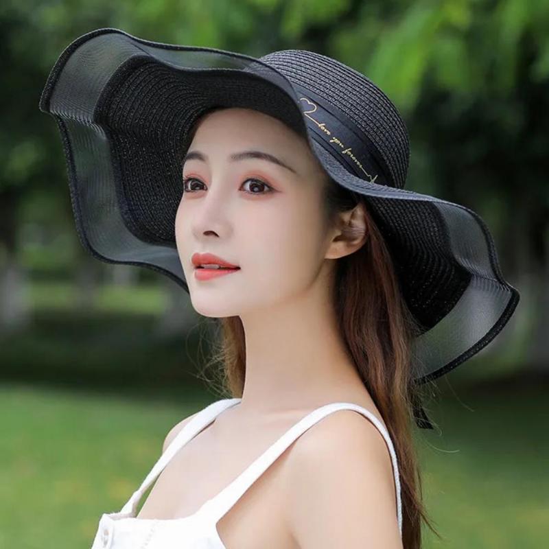 

Visors Female Trendy Korean Style Wide Brim Hat Lady Beach Solid Color For Daily WearVisors, White
