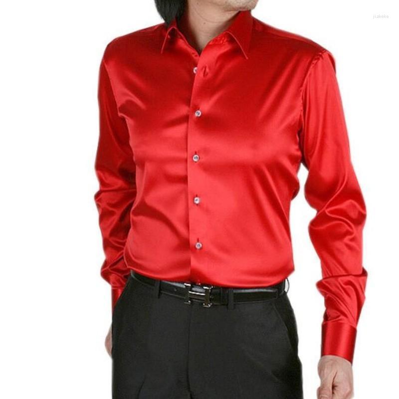 

Men's Dress Shirts Mens Fashion Faux Silk Glossy Wedding Plus Size Men Shirt Slim Business Casual Male Choose S-xxxl, White