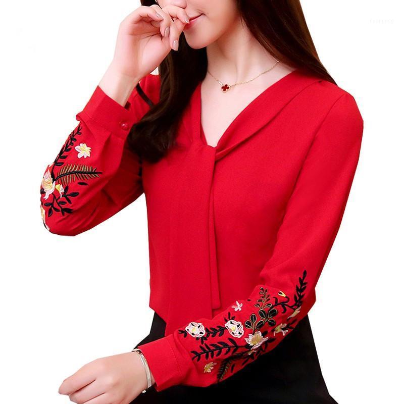 

Women' Blouses & Shirts Fashion Chiffon Elegant Flower Embroidery Blouse Women Long Sleeve Tops Blusas Mujer De Moda 2022, Black