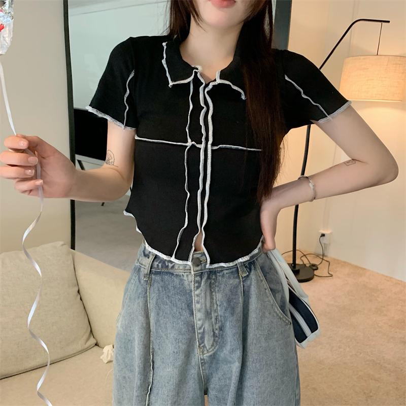 

Women's T-Shirt Black Summer Short T Shirts Women Cotton T-shirts Harajuku Collar Sleeve Crop Top Tee Female Casual Slim ShirtWomen's Women', Black tops