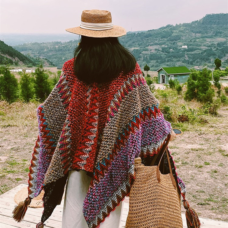

Ethnic style shawl dual-purpose air-conditioned cloak wool knitted handmade tassel pendant cape travel shawls