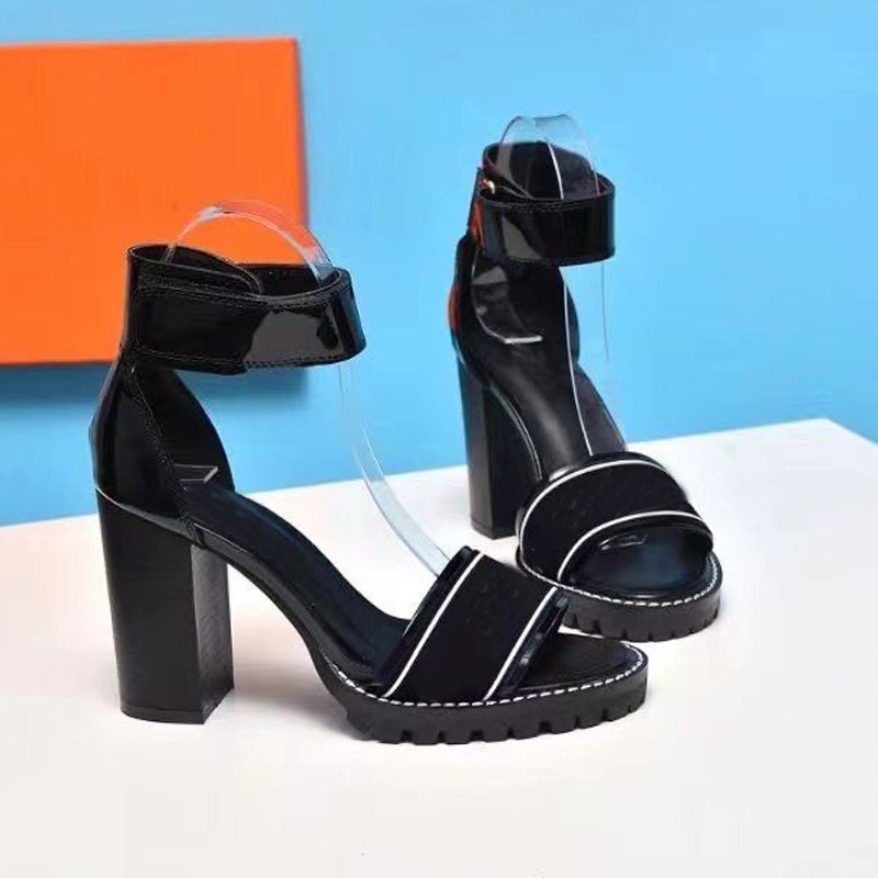 

Classic High heeled sandals party 100% leather women Dance shoe designer sexy letter heels 10cm Lady Metal Belt buckle Thick Heel Woman shoes Large size 35-40-42 With box, Extra box