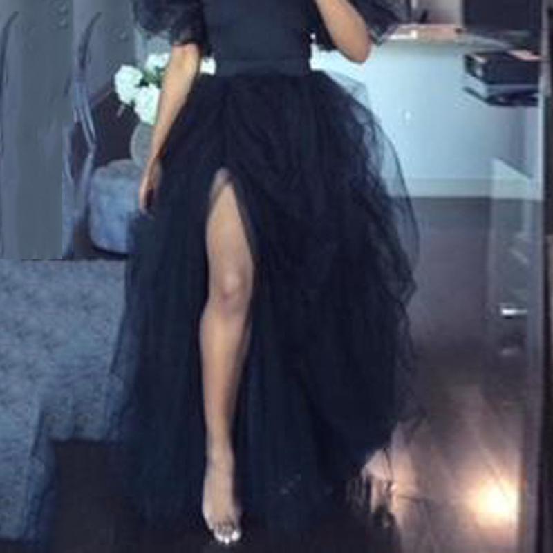 

Skirts High Waist Fashion Women Maxi Tulle Skirt Elastic Floor Jupes Front Slit Asymmetrical Ladies Party Tutu Faldas Mujer Saia, Black