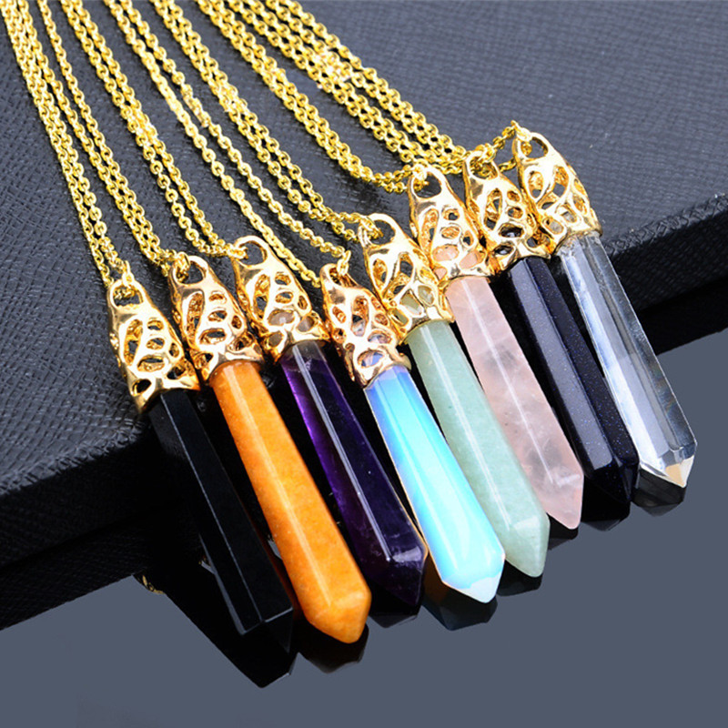 

vintage natural crystal stone rhombus hexagon gold necklace designer jewelry woman mens necklace White Pink Quartz Green Aventurine Healing Pendant Necklaces