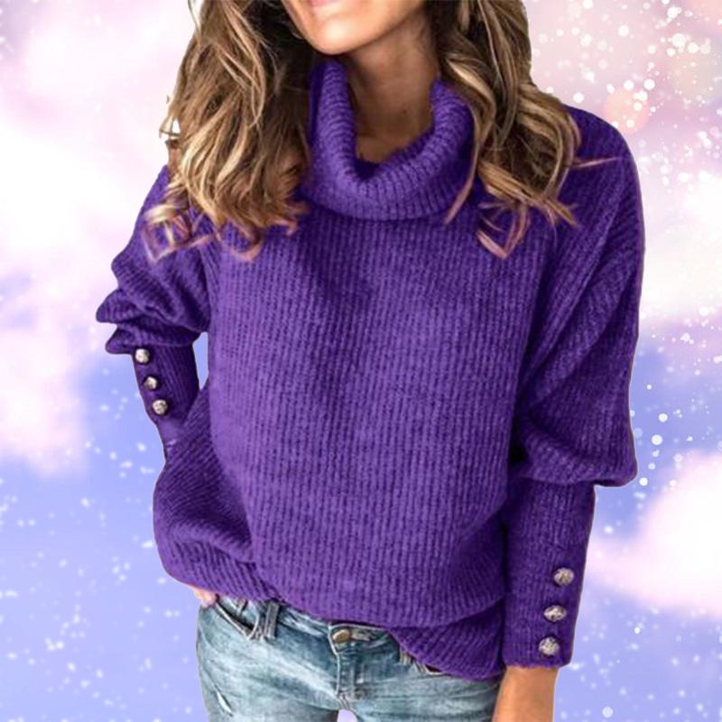 

Women' Sweaters Autumn Winter Turtleneck Buttons Cuff Women Pullover Sweater Ladies Clothing Jumpers Solid Color Long Sleeve Knitted TopWom, Light coffee