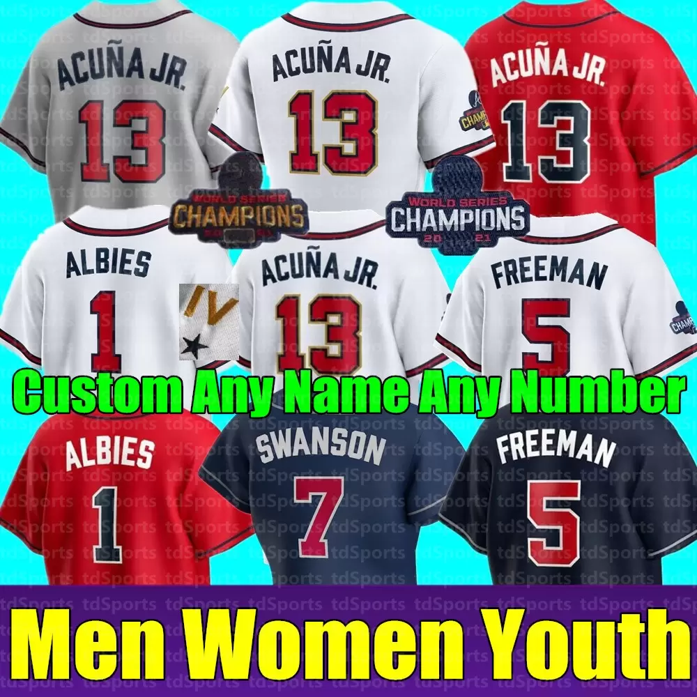 

2021 World Series Champion Men Women youth Baseball jerseys 13 Ronald Acuna Jr. Atlanta Marcell Ozuna Freddie Freeman Dansby Swanson Brave D, As shown in illustration