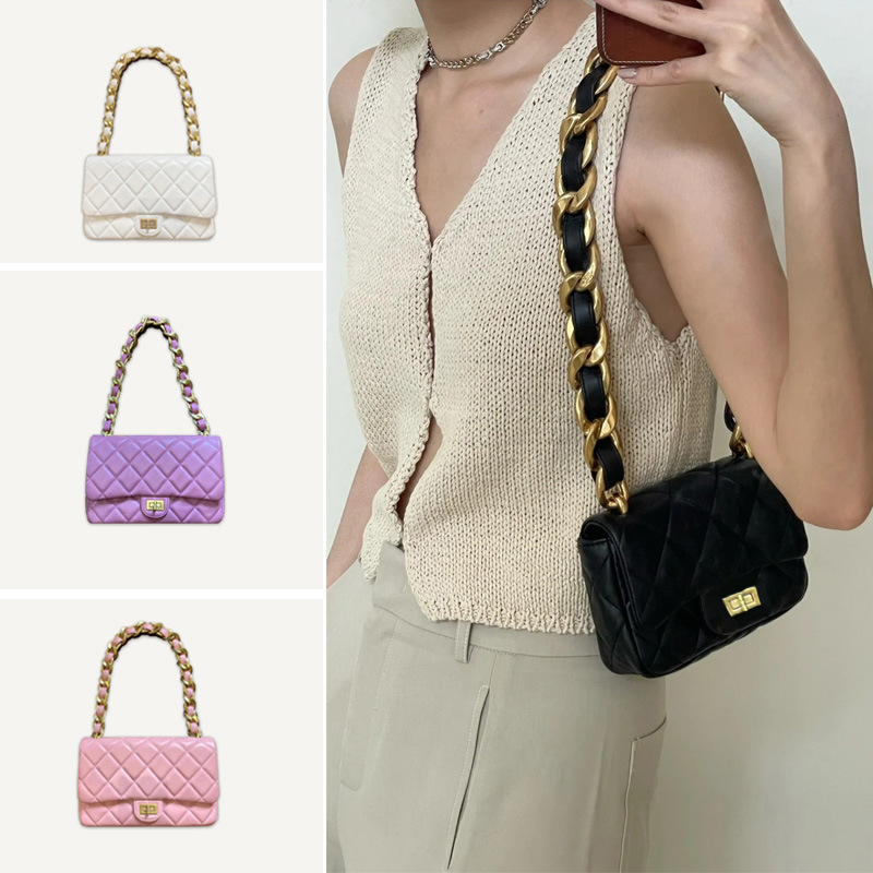 

New Luxury Women Armpit Bags Sheepskin Ringed Thick Chain Bag Summer One Shoulder Portable Small Bags, Pink