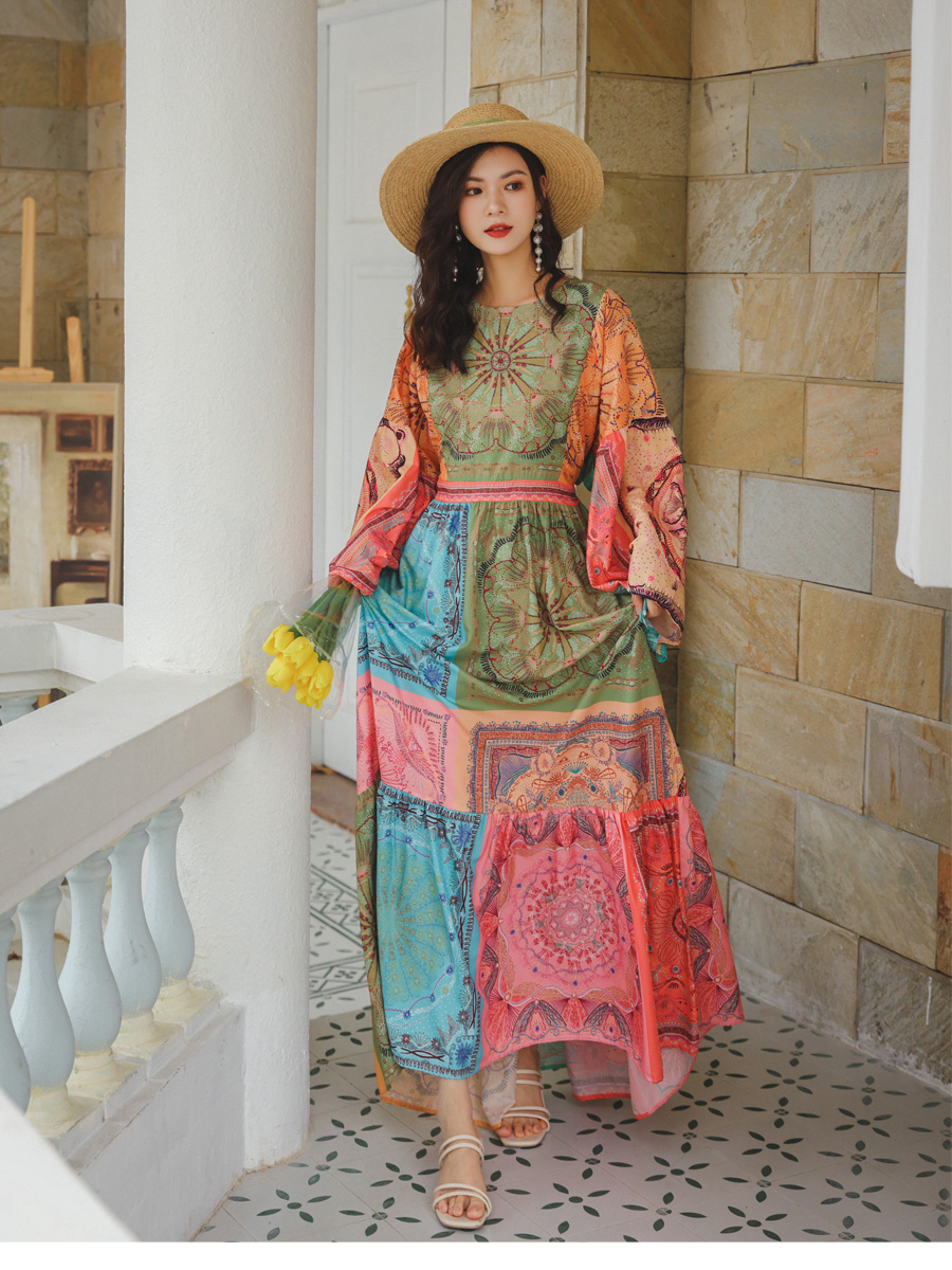 

New Summer Fashion Designer Maxi Dress Women Flare Sleeve Vintage Printed Boho holidays Party Long Dress 2022, Same as picture