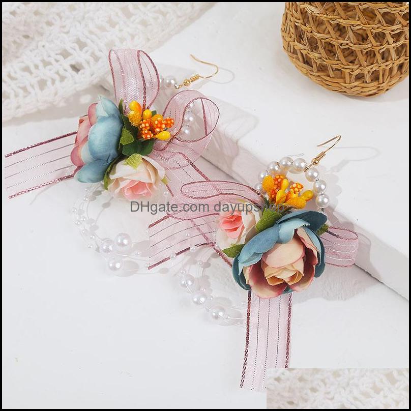 

Dangle Chandelier Earrings Jewelry Korean Style Trendy Female Yarn Bowknot White Pink Fabric Flower Drop For Women Simate Dhahd