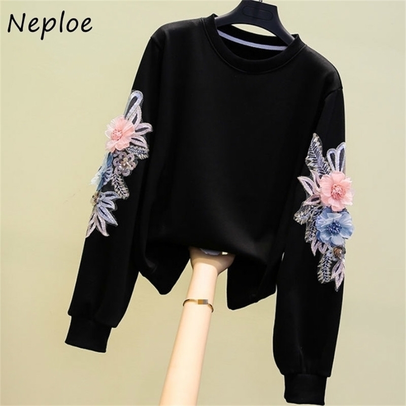 

Neploe Exquisite Flower Embroidery Patchwork Hoody Autumn Long Sleeve Hoodies Women Oneck Loose Fashion Pulloves 201216, Gray