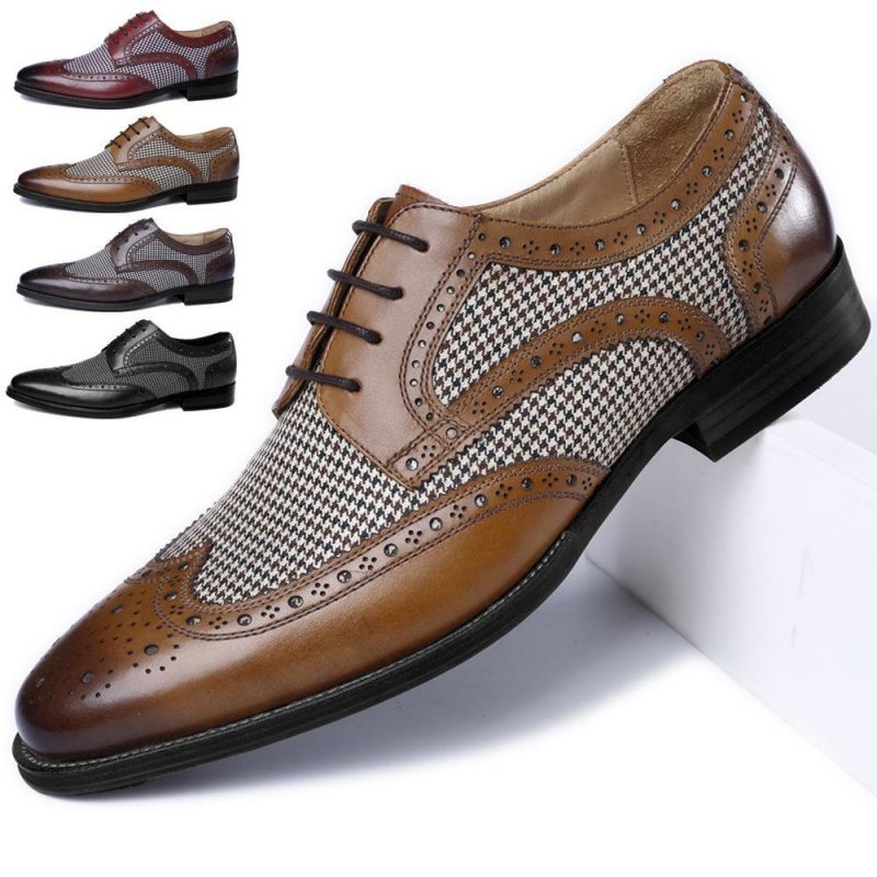

2022 New Brogue Shoes Men PU Color Matching Casual Classic Lace-up Round Toe Retro Hollow Carved Stitching Denim Leather Shoes HM271, Red