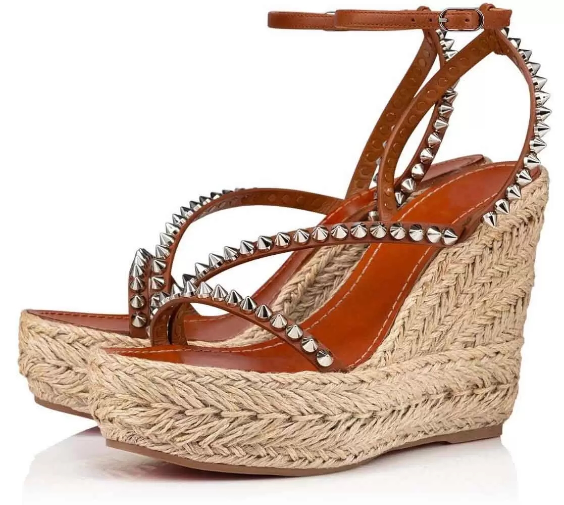 

Famous Brands Mafaldina Zeppa Sandals Shoes Red Soles Wedges Braided Espadrilles Patent Calf Leather Studs Straps Comfort Walking EU35-43