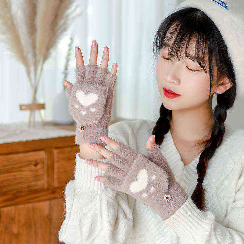 

Mink Cute Cartoon Cat Claw Gloves Winter Warm Touchscreen Gloves Women Fluff Half Finger Gloves Student Write Knit Mittens T52 T220730